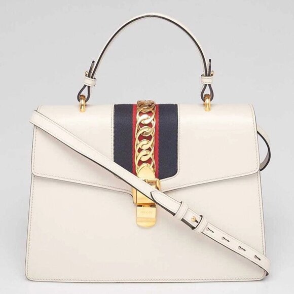 Gucci White Smooth Leather Calfskin Leather Vintage Web Medium Sylvie Shoulder - Picture 1 of 10